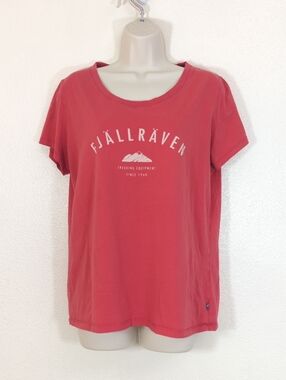 Fjallraven Women's Trekking Equipment Short Sleeve Tee in Red with White Logo